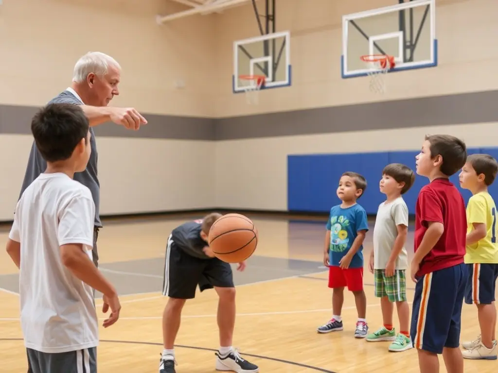 An image of a coach instructing a group of young basketball players on an indoor court, focusing on dribbling skills.