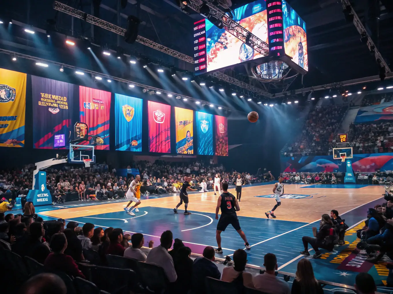 An action shot of a local basketball match, with players in ODB jerseys competing against another team, spectators cheering in the background.