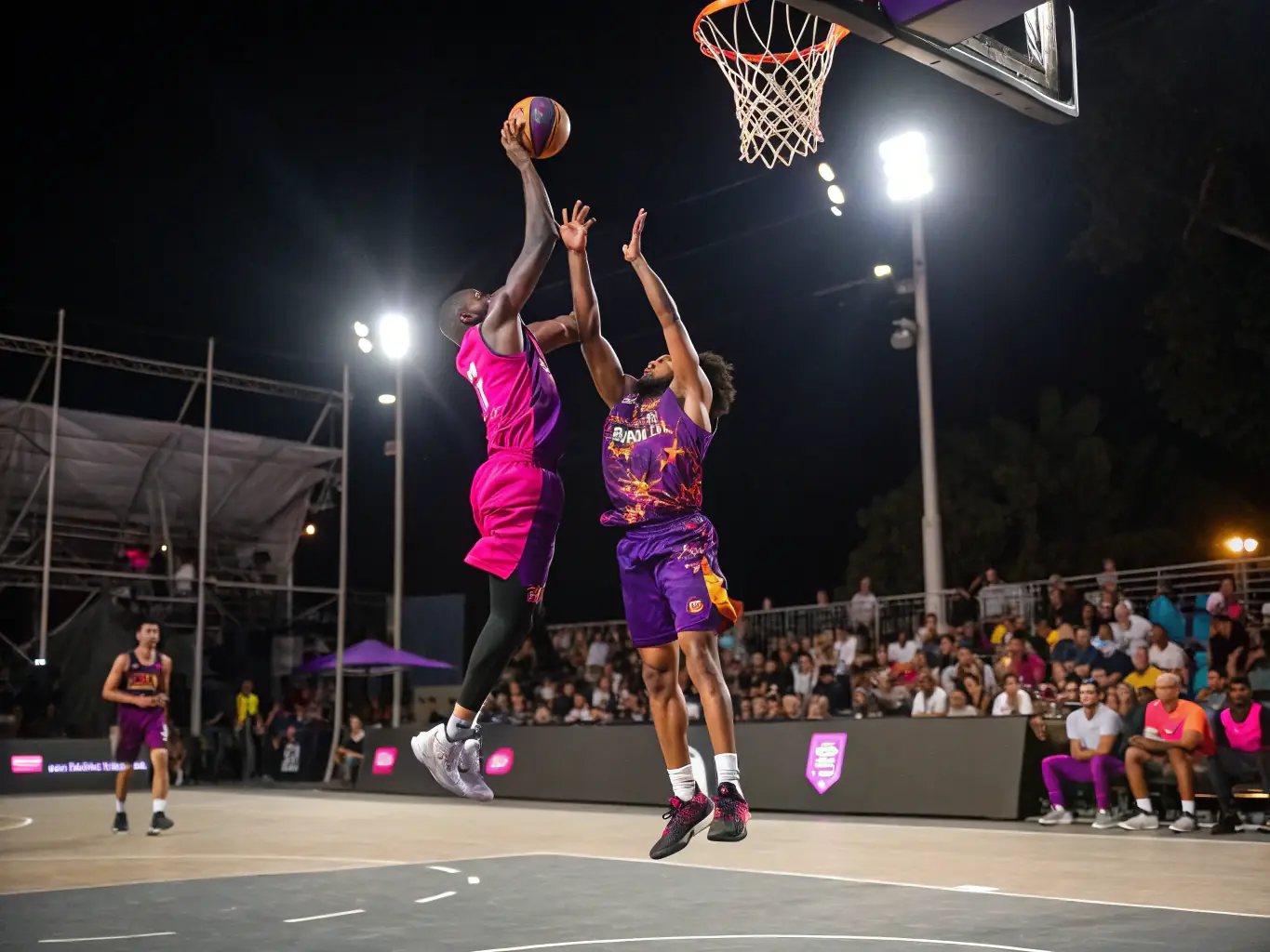 An action shot of a local basketball match, showcasing youth players in OLEMPS DRUELLE BASKET jerseys competing against another team. The image captures the intensity and excitement of the game.