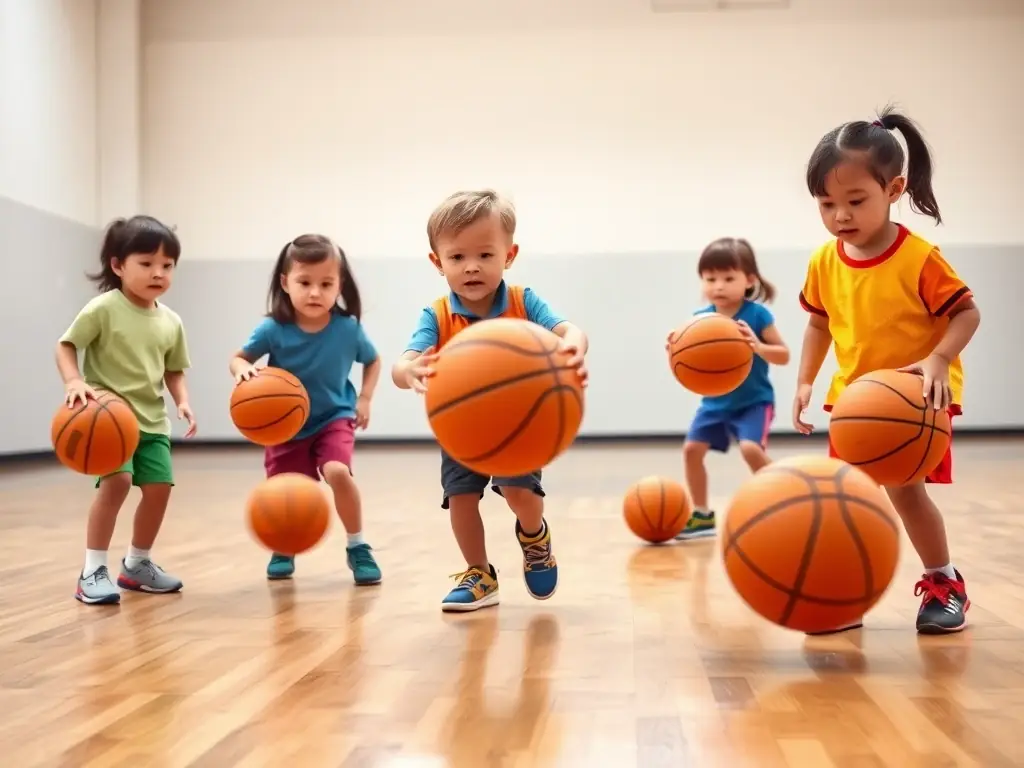 A vibrant image of young children participating in a basketball training session, focusing on dribbling skills, with a coach providing guidance in the background. The setting is a well-lit indoor basketball court.