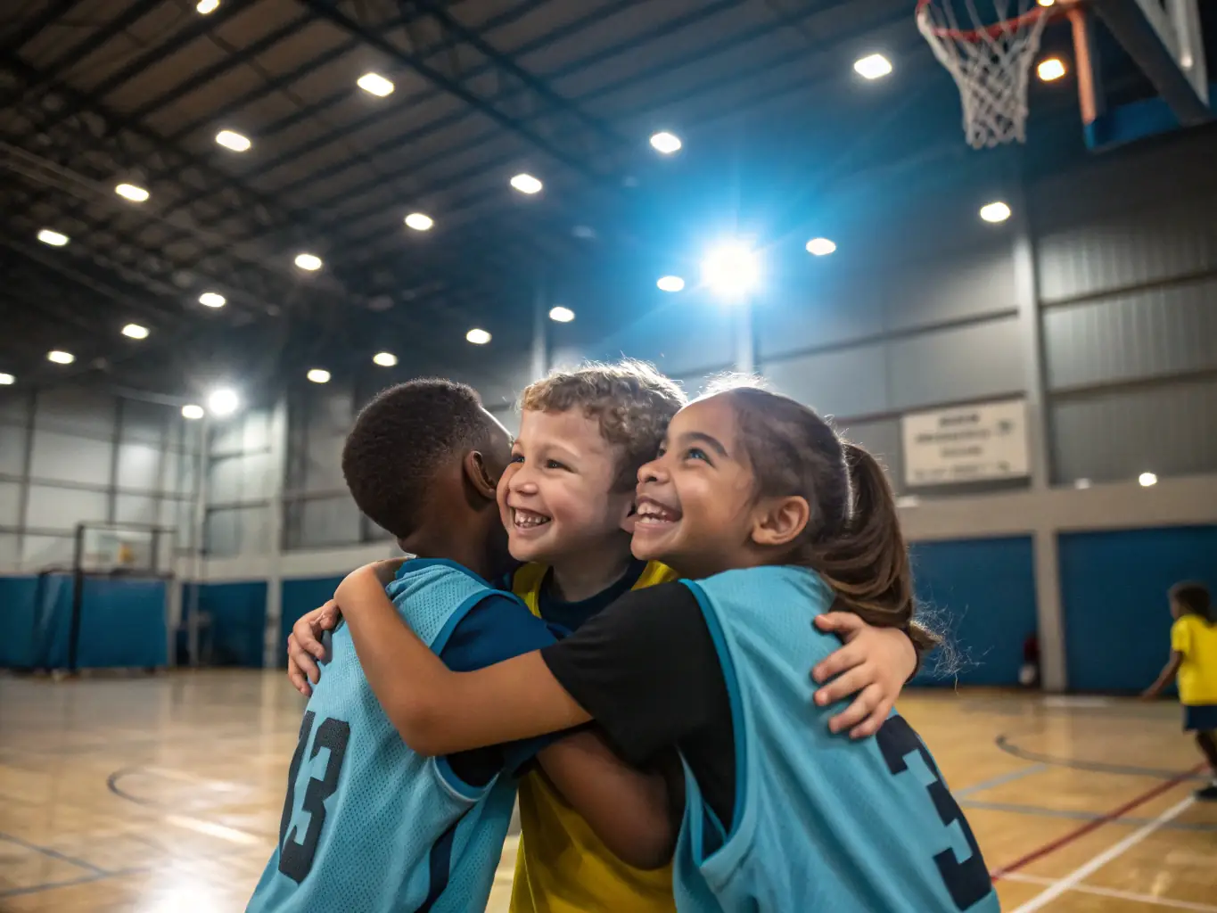 A group photo of ODB basketball club members of various ages, smiling and standing together in their team jerseys.
